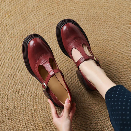 Comfortable Leather Mary Jane Shoes for Women with T Strap Round Toe Chunky Platform Heel Style