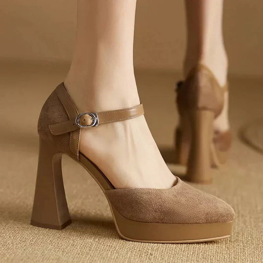 Elegant Suede Platform Pump for Women with Pointed Toe Ankle Strap Chunky Heel Style