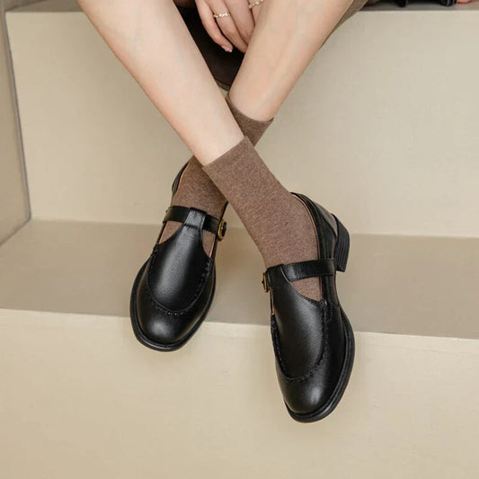 Elegant Leather Mary Jane Flats for Women with Round Toe T Strap Buckle Block Heel Style