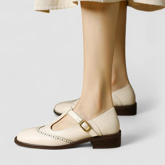 Elegant Leather Mary Jane Flats for Women with T Strap Buckle Wingtip Brogue Style