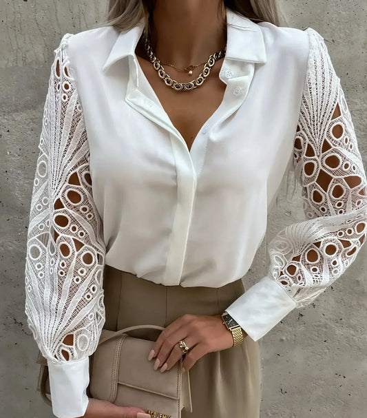 Elegant Lace Blouse for Women with Collar Long Sleeve Crochet Cutout Silky Style