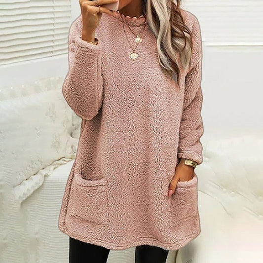 Comfortable Fleece Tunic Sweater for Women with Crew Neck Long Sleeve Pocket Oversized Knit Style