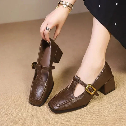 Elegant Leather Mary Jane Pumps for Women with Square Toe T-Strap Buckle Block Heel Style