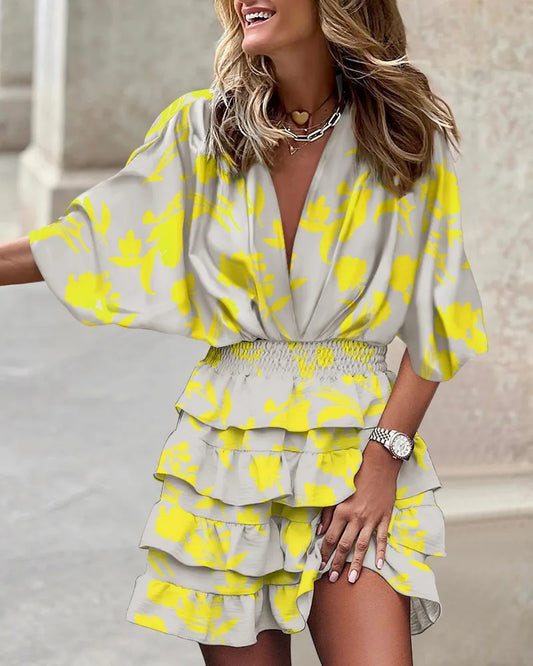 Effortless Tiered Ruffle Mini Dress for Women with V Neck Balloon Sleeve Smocked Waist Bohemian Style
