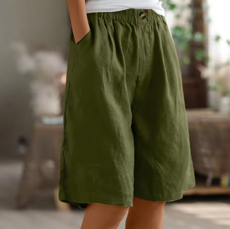 Effortless Linen Bermuda Shorts for Women with High Waist Button Front Wide Leg Relaxed Casual Style