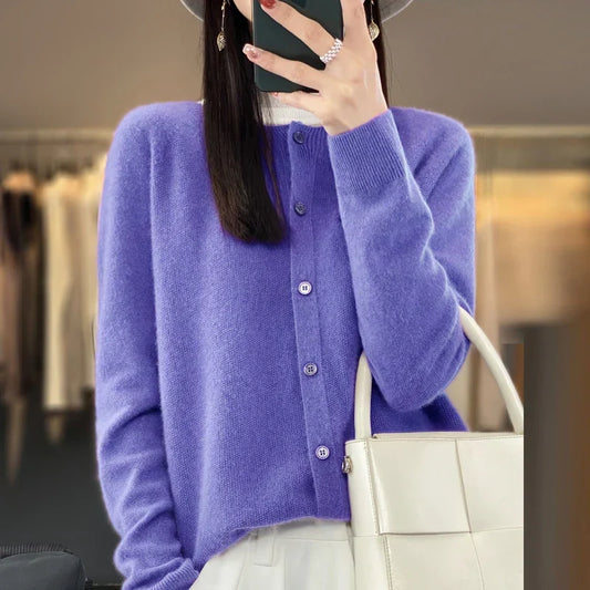 Comfortable Button Front Cardigan Sweater for Women with Crew Neck Long Sleeve Relaxed Oversized Style
