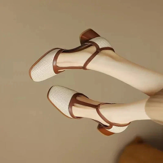 Elegant Perforated Leather T Strap Sandal for Women with Square Toe Block Heel Buckle Ankle Strap Style