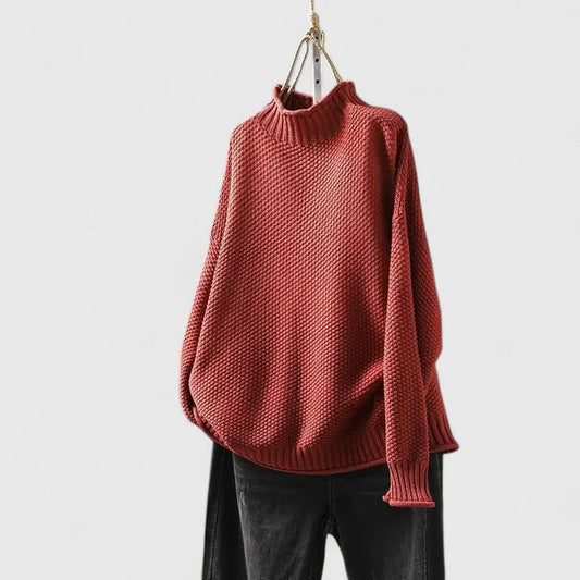 Comfortable Textured Knit Sweater for Women with High Neck Long Sleeve Relaxed Oversized Style