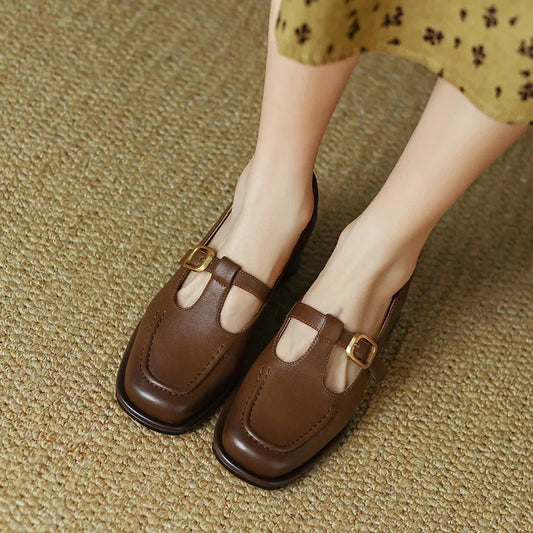 Elegant Leather Mary Jane Loafers for Women with T Strap Buckle Square Toe Block Heel Vintage Style
