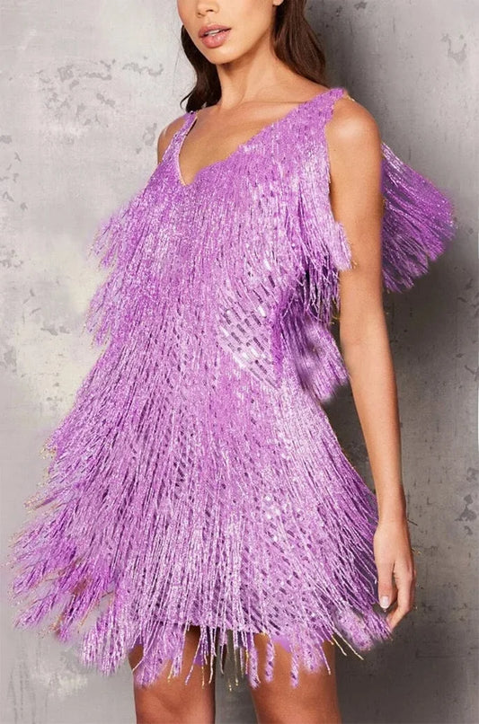 Elegant Fringe Sequin Mini Dress for Women with V Neck Sleeveless Tiered Sparkle Formal Party Style