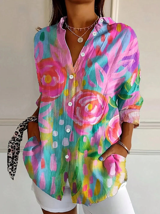 Effortless Floral Blouse for Women with Collar Long Sleeve Button Front Relaxed Style