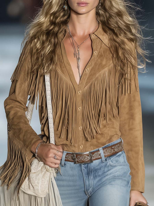 Effortless Light Brown Suede Fringe Blouse for Women with Collar Long Sleeve Button Front Western Style