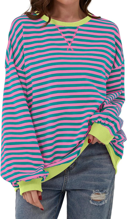 Simone | Women's Striped Contrast Crew Neck Long Sleeve Sweater