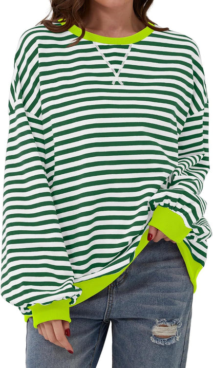 Simone | Women's Striped Contrast Crew Neck Long Sleeve Sweater