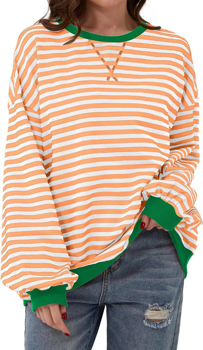 Simone | Women's Striped Contrast Crew Neck Long Sleeve Sweater