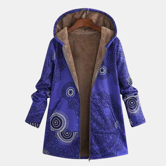 Comfortable Blue Tribal Print Sherpa Jacket for Women with Hooded Long Sleeve Zip Front Casual Style