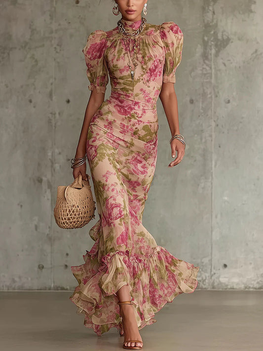 Elegant Pink Floral Maxi Dress for Women with Mock Neck Puff Sleeve Ruffle Mermaid Bohemian Style