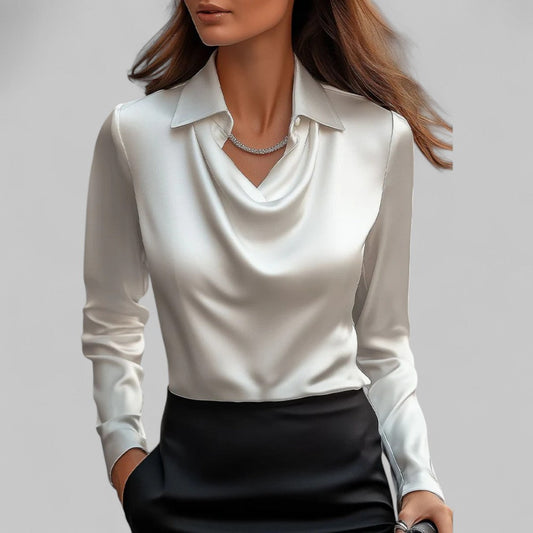 Elegant Satin Blouse for Women with Cowl Neck Collar Long Sleeve Relaxed Silky Style