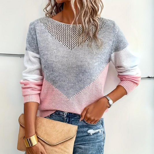 Comfortable Pink Grey Colorblock Sweater for Women with Round Neck Long Sleeve Crochet Knit Oversized Style