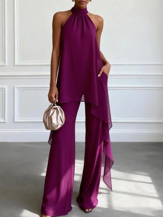 Elegant Purple Wide Leg Set for Women with Halter Neck Draped Asymmetrical Formal Style