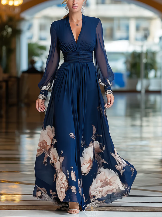 Elegant Navy Floral Maxi Dress for Women with V Neck Sheer Long Sleeve Ruched Waist Flowing Style