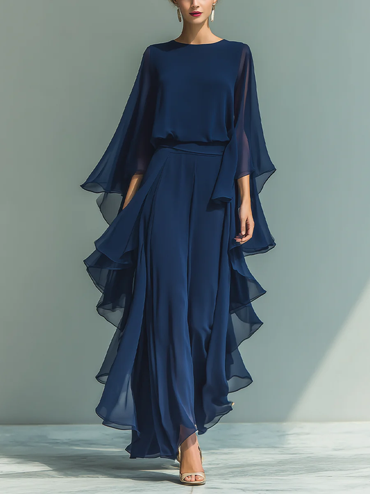 Elegant Navy Chiffon Maxi Dress for Women with Round Neck Batwing Sleeve Tiered Ruffle Style