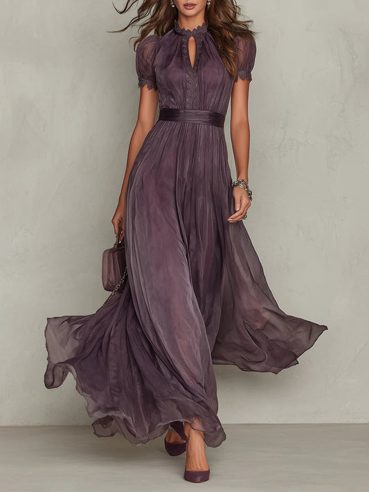 Elegant Chiffon Maxi Dress for Women with High Neck Keyhole Puff Sleeve Flowing Wedding Guest Style