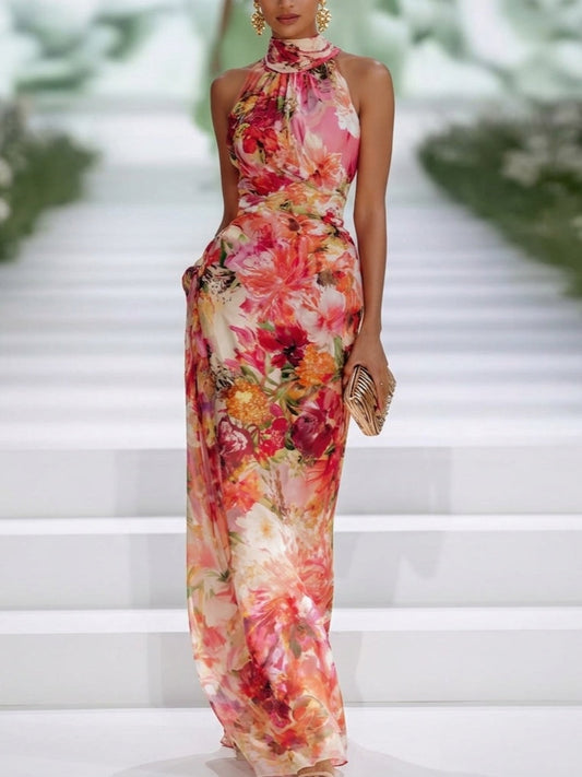 Elegant Red Floral Maxi Dress for Women with Halter Neck Sleeveless Ruched Flowing Formal Wedding Guest Style