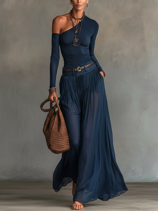 Effortless Navy Wide Leg Set for Women with One Shoulder Long Sleeve Sheer Bohemian Two Piece Style