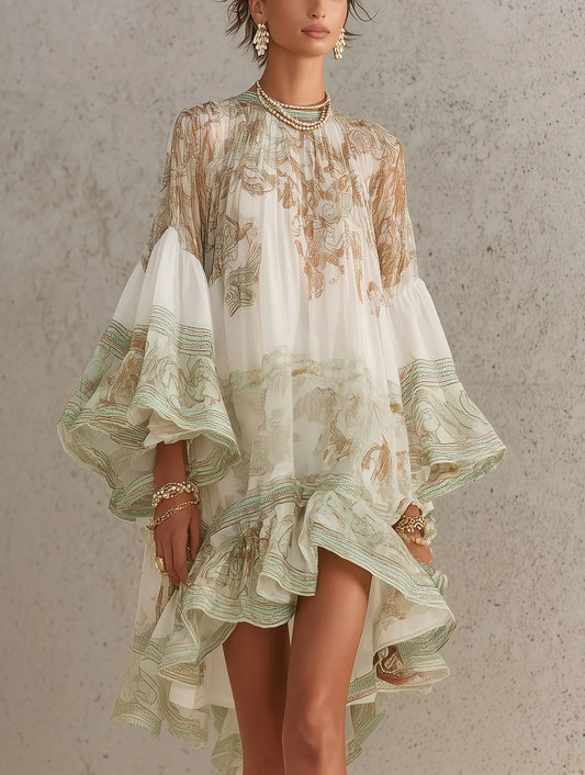 Effortless Green Printed Chiffon Mini Dress for Women with High Neck Bell Sleeve Ruffle Hem Bohemian Style