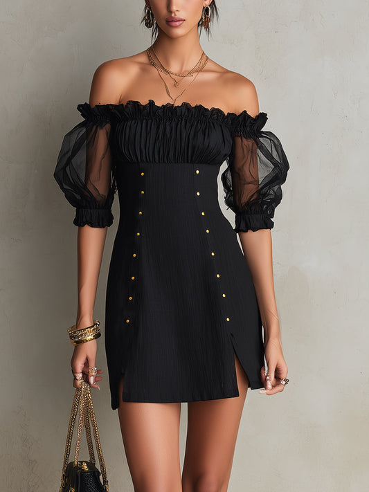 Elegant Black Mini Dress for Women with Off Shoulder Sheer Puff Sleeve Studded Bodycon Cocktail Style