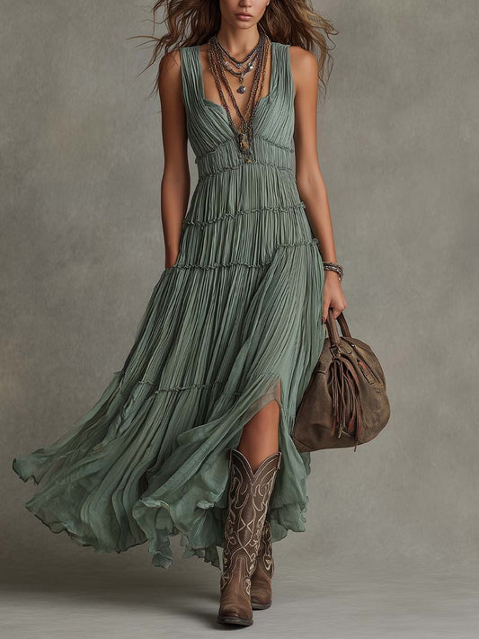 Effortless Tiered Maxi Dress for Women with Plunge V Neck Sleeveless Ruffle Front Slit Bohemian Style