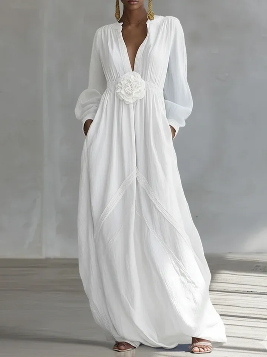 Elegant White Floral Maxi Dress for Women with V Neck Balloon Sleeve Flowing Bohemian Style