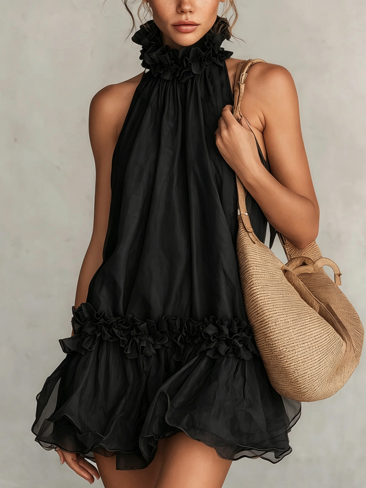 Elegant Black Organza Mini Dress for Women with Ruffled Halter Neck Tiered Swing Flowy Style