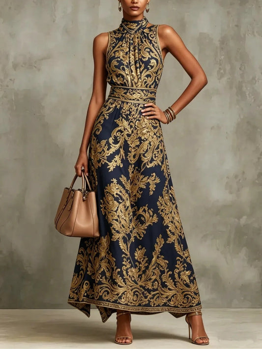 Elegant Navy Baroque Print Maxi Dress for Women with High Neck Sleeveless Belted Flowing Formal Style