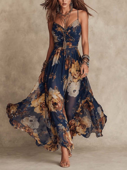 Effortless Navy Floral Maxi Dress for Women with V Neck Wrap Bodice Flowing Bohemian Style