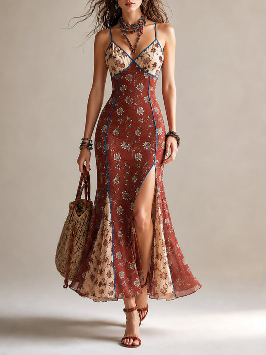 Effortless Rust Red Floral Maxi Dress for Women with V Neck Spaghetti Strap High Slit Mermaid Bohemian Style
