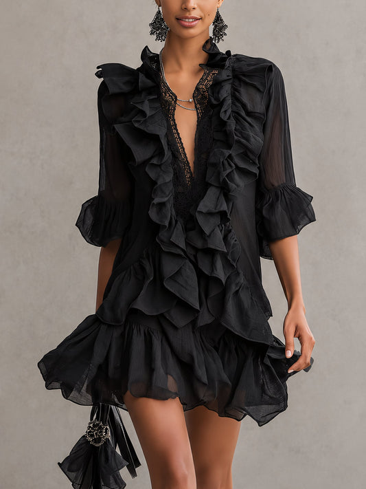 Elegant Black Chiffon Mini Dress for Women with Ruffled V Neck Bell Sleeve Flowing Style