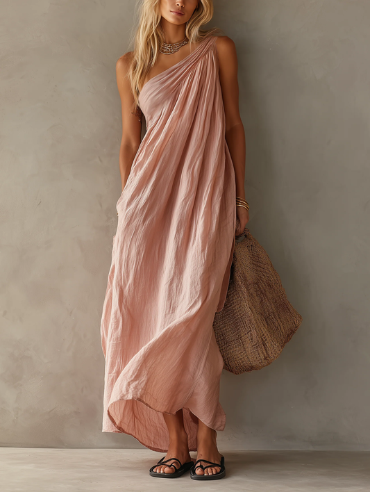 Effortless Draped Maxi Dress for Women with One Shoulder Sleeveless Flowing Bohemian Style