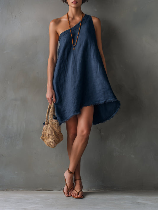 Effortless Navy Linen Mini Dress for Women with One Shoulder Sleeveless Asymmetrical Hem Flowing Style