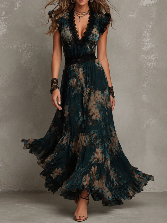 Elegant Dark Green Floral Maxi Dress for Women with V Neck Cap Sleeve Lace Trim Flowing Bohemian Style