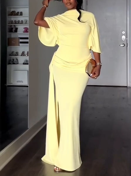 Elegant Yellow Maxi Dress for Women with High Neck Batwing Sleeve Open Back Side Slit Style