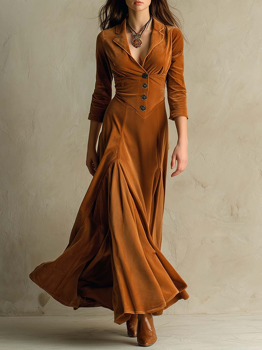 Elegant Velvet Maxi Dress for Women with Notch Collar Elbow Sleeve Button Front Flowing Vintage Style