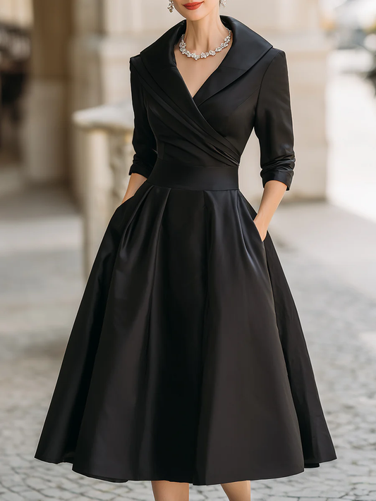 Elegant Satin Wrap Midi Dress for Women with Shawl Collar Elbow Sleeve Pleated A Line Cocktail Style