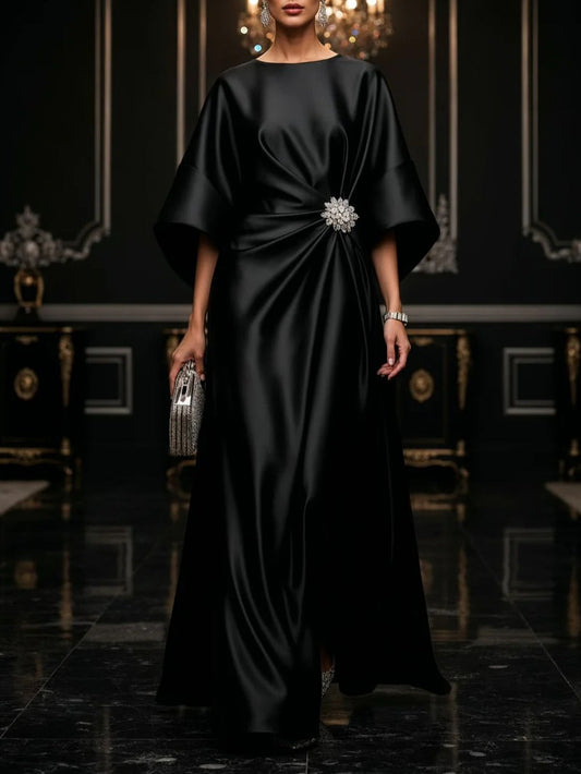 Elegant Satin Maxi Dress for Women with Round Neck Bell Sleeve Ruched Waist Formal Evening Style