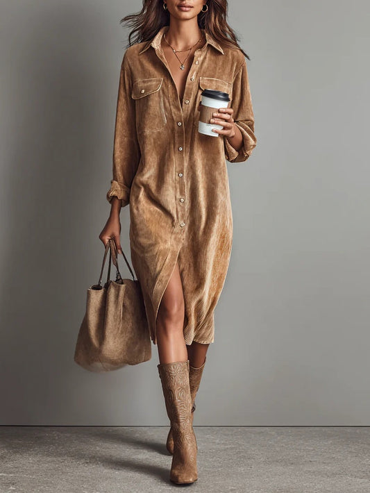 Effortless Corduroy Shirt Dress for Women with Collar Long Sleeve Button Front Slit Casual Style