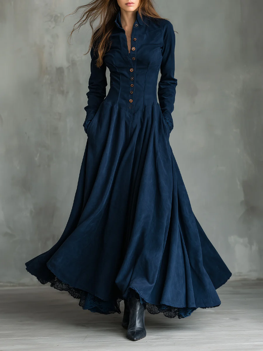 Elegant Dark Blue Maxi Dress for Women with Mandarin Collar Long Sleeve Lace Trim Flowing Style