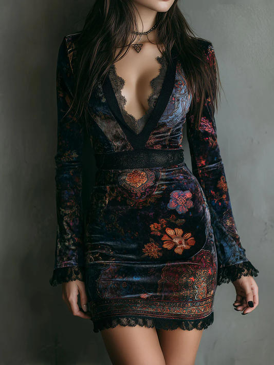 Elegant Multicolor Velvet Floral Mini Dress for Women with V Neck Long Sleeve Lace Trim Bodycon Style