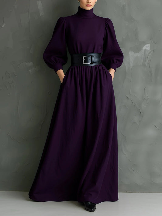 Elegant Dark Purple Maxi Dress for Women with High Neck Balloon Sleeve Belted Flowing Style