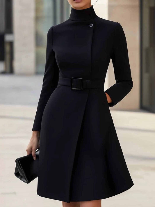 Elegant Wrap Mini Dress for Women with High Neck Long Sleeve Belted Flare Cocktail Style